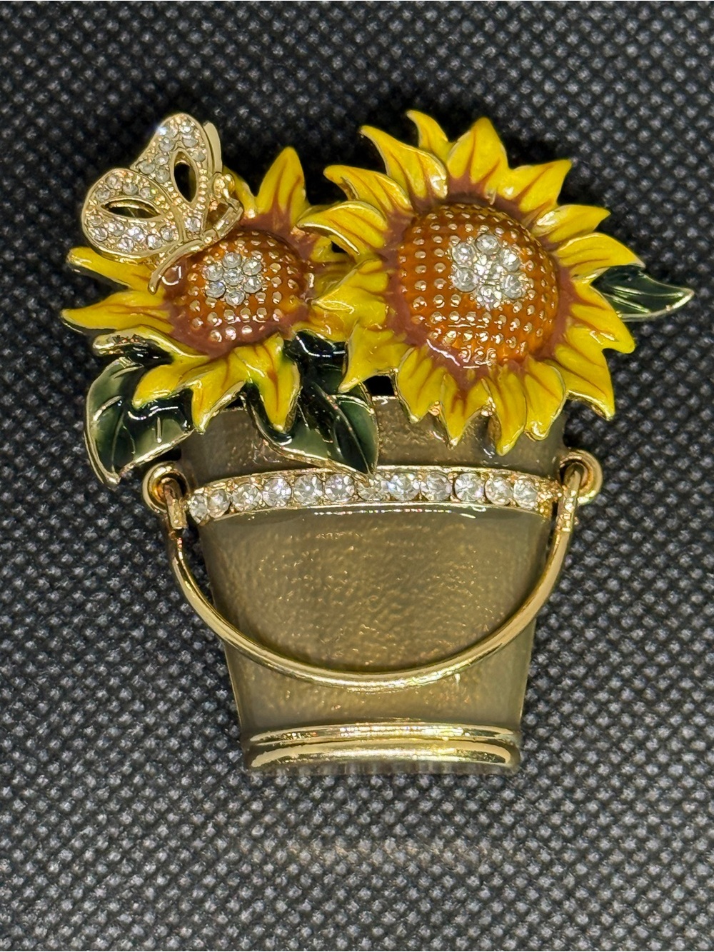 Napier Brooch Gold Tone Sunflower Butterfly Pot with Crystal & Enamel Accent